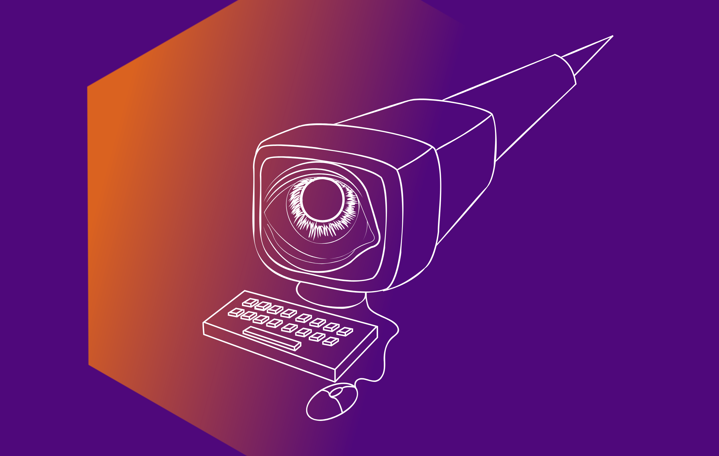 Decorative Image. A Computer with an eye desplayed on the monitor. The monitor extends and becomes a spyglass